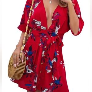 Women’s Floral Printed Deep V-Neck Open Back Mini Dress – Size Large